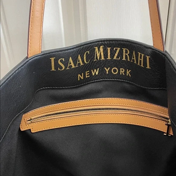 Isaac Mizrahi Black Leather Tote with Tan Straps - Picture 6 of 9